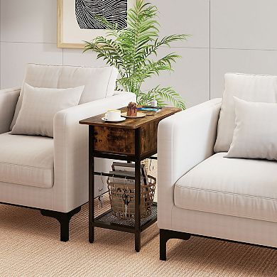 Costway End Table with Charging Station, Flip Top Sofa Side Table with USB Ports,Outlets&Shelf