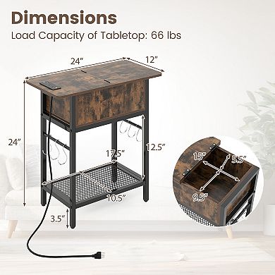 Costway End Table with Charging Station, Flip Top Sofa Side Table with USB Ports,Outlets&Shelf