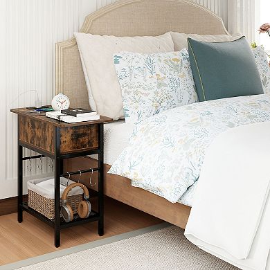 Costway End Table with Charging Station, Flip Top Sofa Side Table with USB Ports,Outlets&Shelf