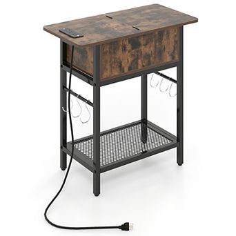 Costway End Table with Charging Station, Flip Top Sofa Side Table with USB Ports,Outlets&Shelf