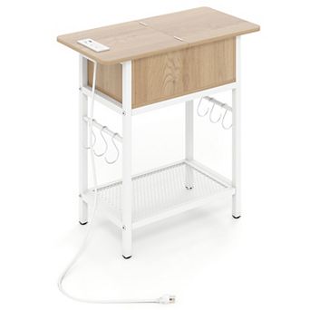 Costway End Table with Charging Station, Flip Top Sofa Side Table with USB Ports,Outlets&Shelf