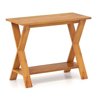 Costway 35.5-Inch Long Entryway Table with Storage Shelf Solid Teak Wood Console Table