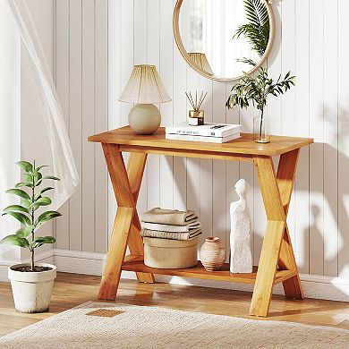 Costway 35.5-Inch Long Entryway Table with Storage Shelf Solid Teak Wood Console Table