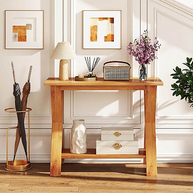 Costway 35.5-Inch Long Entryway Table with Storage Shelf Solid Teak Wood Console Table