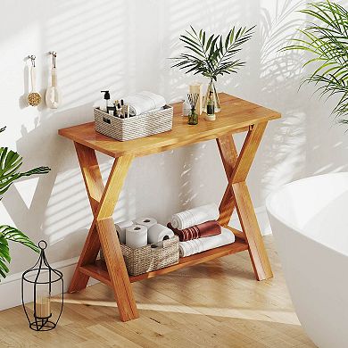 Costway 35.5-Inch Long Entryway Table with Storage Shelf Solid Teak Wood Console Table