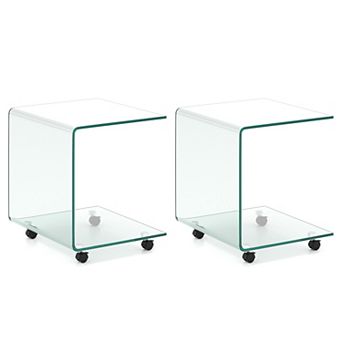 Costway C-Shaped End Table with 2 tier shelf, 4 Swivel Lockable Wheels for Living Room
