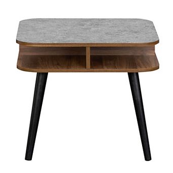 Costway Faux Marble End Table with Storage Shelves & Rubber Wood Legs for Living Room