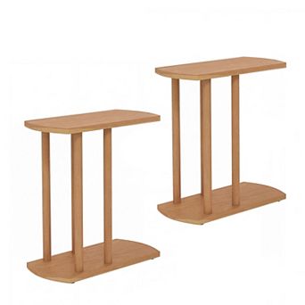 Costway C-shaped Teak Wood Side Table with Thickened Top & Sturdy Base for Small Spaces