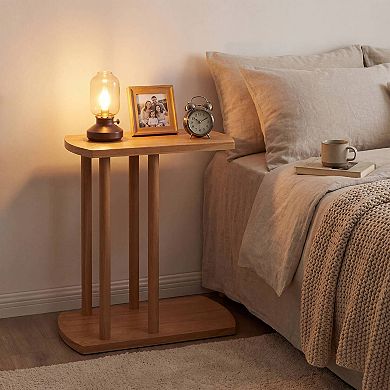Costway C-shaped Teak Wood Side Table with Thickened Top & Sturdy Base for Small Spaces