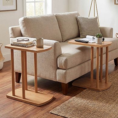 Costway C-shaped Teak Wood Side Table with Thickened Top & Sturdy Base for Small Spaces