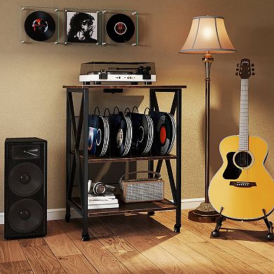 Costway 3-tier Record Player Stand with Metal Dividers Adjustable Shelf & Power Outlets