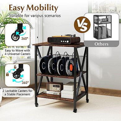Costway 3-tier Record Player Stand with Metal Dividers Adjustable Shelf & Power Outlets