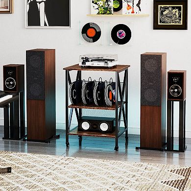 Costway 3-tier Record Player Stand with Metal Dividers Adjustable Shelf & Power Outlets