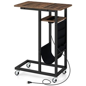 Costway C-shaped End Table with Charging Station Rolling Bedside Table Couch Side Table