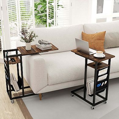 Costway C-shaped End Table with Charging Station Rolling Bedside Table Couch Side Table
