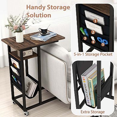 Costway C-shaped End Table with Charging Station Rolling Bedside Table Couch Side Table