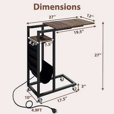 Costway C-shaped End Table with Charging Station Rolling Bedside Table Couch Side Table