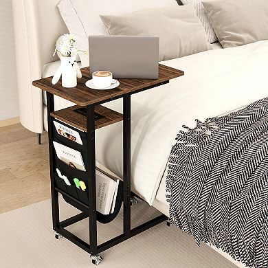 Costway C-shaped End Table with Charging Station Rolling Bedside Table Couch Side Table