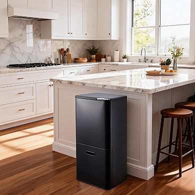 16 Gallon Dual Compartment Kitchen Trash Can Stainless Steel Indoor Recycling & Garbage Bin Combo