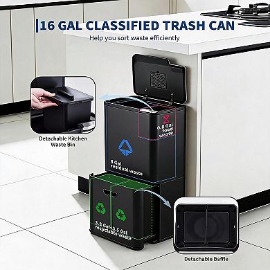 16 Gallon Dual Compartment Kitchen Trash Can Stainless Steel Indoor Recycling & Garbage Bin Combo