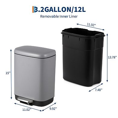 Step-On Stainless Steel Trash Can 12L/3.2 Gal - Soft Close Lid - Removable Inner Bucket