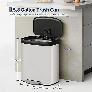 Large Capacity Step Kitchen Trash Can 60L / 16 Gallon Stainless Steel Bin