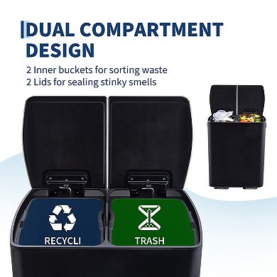 Dual Compartment 16 Gallon Stainless Steel Step Trash Can, Removable Plastic Buckets