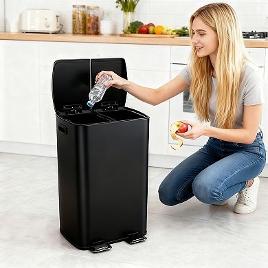 Dual Compartment 16 Gallon Stainless Steel Step Trash Can, Removable Plastic Buckets