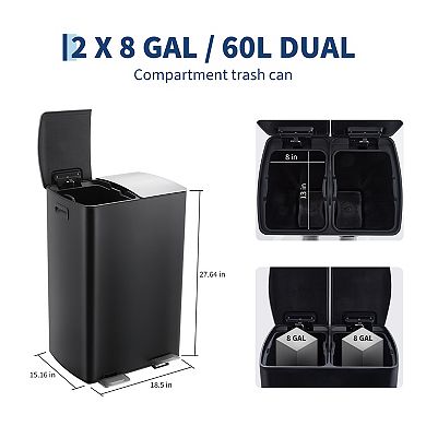 Dual Compartment 16 Gallon Stainless Steel Step Trash Can, Removable Plastic Buckets