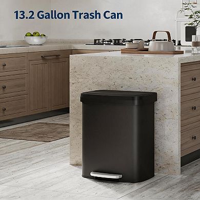 13 Gallon / 50L Stainless Steel Kitchen Trash Can Step-On Pedal, Soft Close Lid