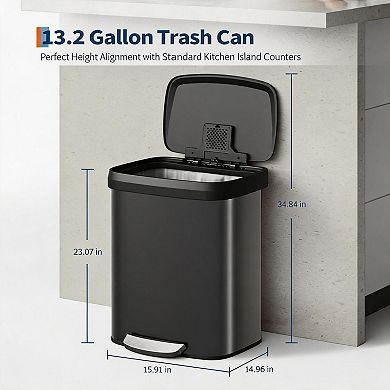 13 Gallon / 50L Stainless Steel Kitchen Trash Can Step-On Pedal, Soft Close Lid