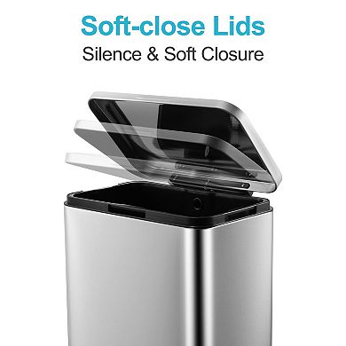 Hands-Free Pedal Stainless Steel Kitchen Trash Can 50L/13 Gallon - Rectangular, Soft-Close Lid