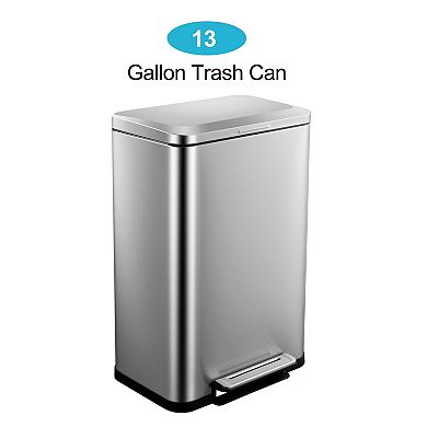 Hands-Free Pedal Stainless Steel Kitchen Trash Can 50L/13 Gallon - Rectangular, Soft-Close Lid
