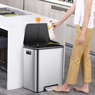 Dual Compartment Kitchen Trash Can - 30L Stainless Steel - Soft-Close Step Pedal