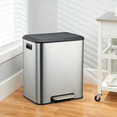 Dual Compartment Kitchen Trash Can - 30L Stainless Steel - Soft-Close Step Pedal