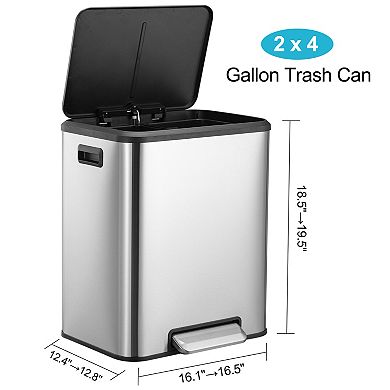 Dual Compartment Kitchen Trash Can - 30L Stainless Steel - Soft-Close Step Pedal