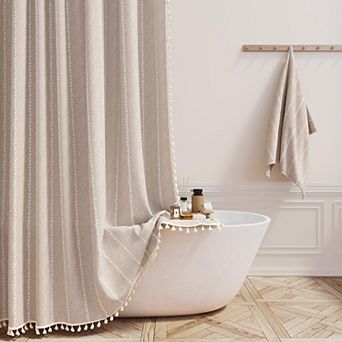 Boho Farmhouse Striped Tassel Linen Shower Curtain With Hooks Water Repellent