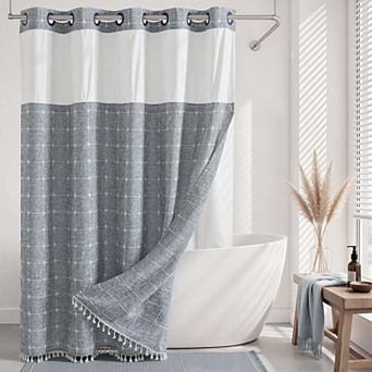 Farmhouse Linen Tassel Shower Curtain Set Snap In Liner No Hooks Needed Rustic Decor