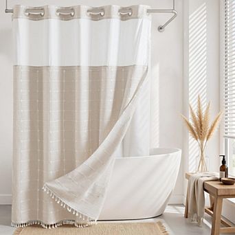 Farmhouse Linen Tassel Shower Curtain Set Snap In Liner No Hooks Needed Rustic Decor