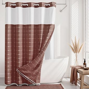 Farmhouse Linen Tassel Shower Curtain Set Snap In Liner No Hooks Needed Rustic Decor