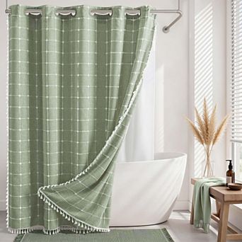Farmhouse Linen Tassel Shower Curtain Set Snap In Liner No Hooks Needed Rustic Decor