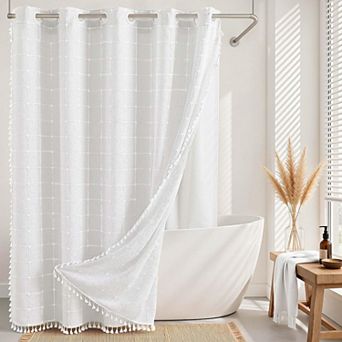 Farmhouse Linen Tassel Shower Curtain Set Snap In Liner No Hooks Needed Rustic Decor