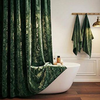 Luxury Crushed Velvet Shower Curtain Set With Decorative Gold Metal Hooks Washable Thick Fabric