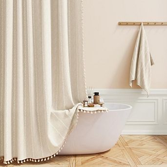 Boho Farmhouse Striped Tassel Linen Shower Curtain With Hooks Water Repellent