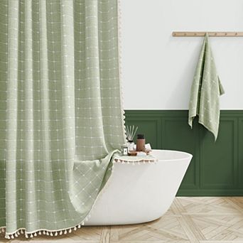 Boho Farmhouse Tassel Linen Shower Curtain Heavy Duty Water Repellent With Hooks