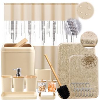 Ultra Soft Absorbent Microfiber Bathroom Accessory Glitter Shower Curtain Set