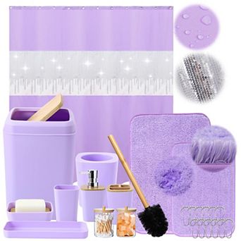 Ultra Soft Absorbent Microfiber Bathroom Accessory Glitter Shower Curtain Set