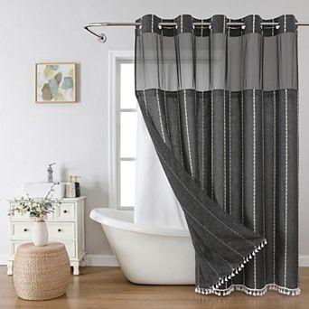 Boho Farmhouse Linen Shower Curtain Set with Rustic Striped Tassels & Water Repellent Snap Liner