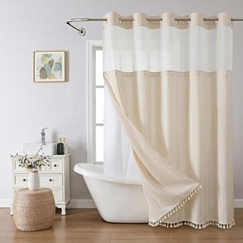 Boho Farmhouse Linen Shower Curtain Set with Rustic Striped Tassels & Water Repellent Snap Liner