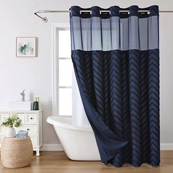 Boho Farmhouse Snap In Liner Shower Curtain Tufted Chevron Stripe Water Repellent Hotel Grade